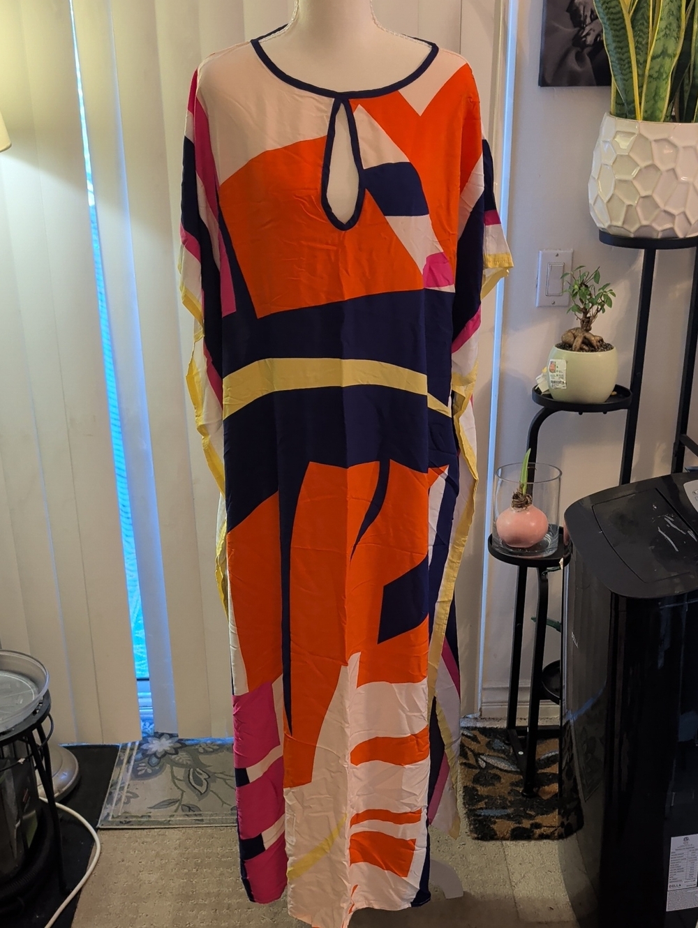 Abstract Print Caftan Maxi Dress in Orange, Navy & Pink, Large